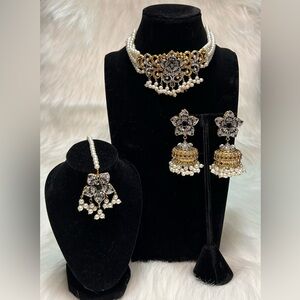 Beautiful Black Floral Choker Necklace With Jhumka Earrings and Tikka.